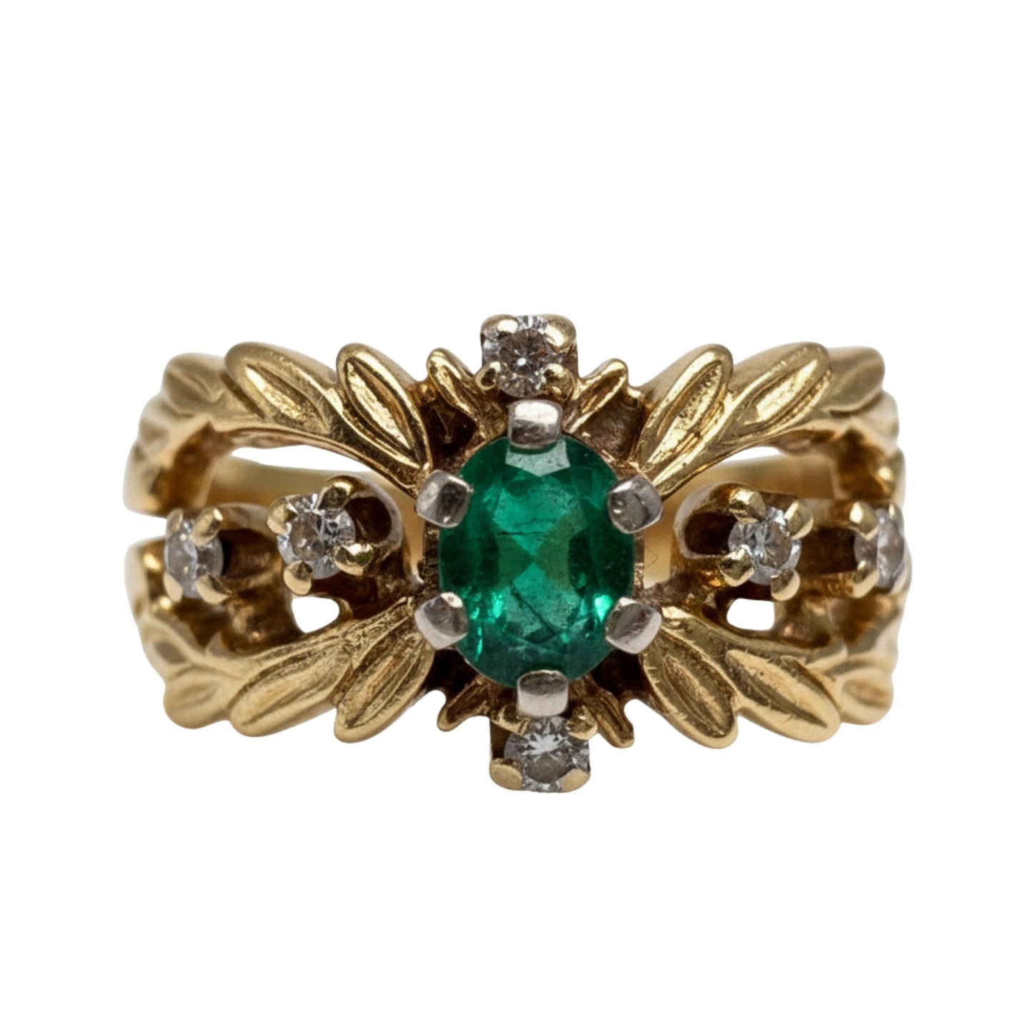 Mid Century Diamond Synthetic Emerald 18k Yellow Gold Ring