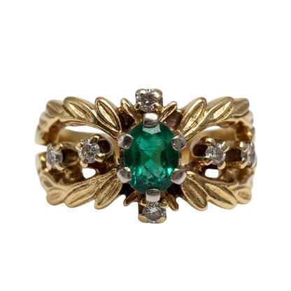 Mid Century Diamond Synthetic Emerald 18k Yellow Gold Ring