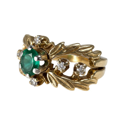 Mid Century Diamond Synthetic Emerald 18k Yellow Gold Ring
