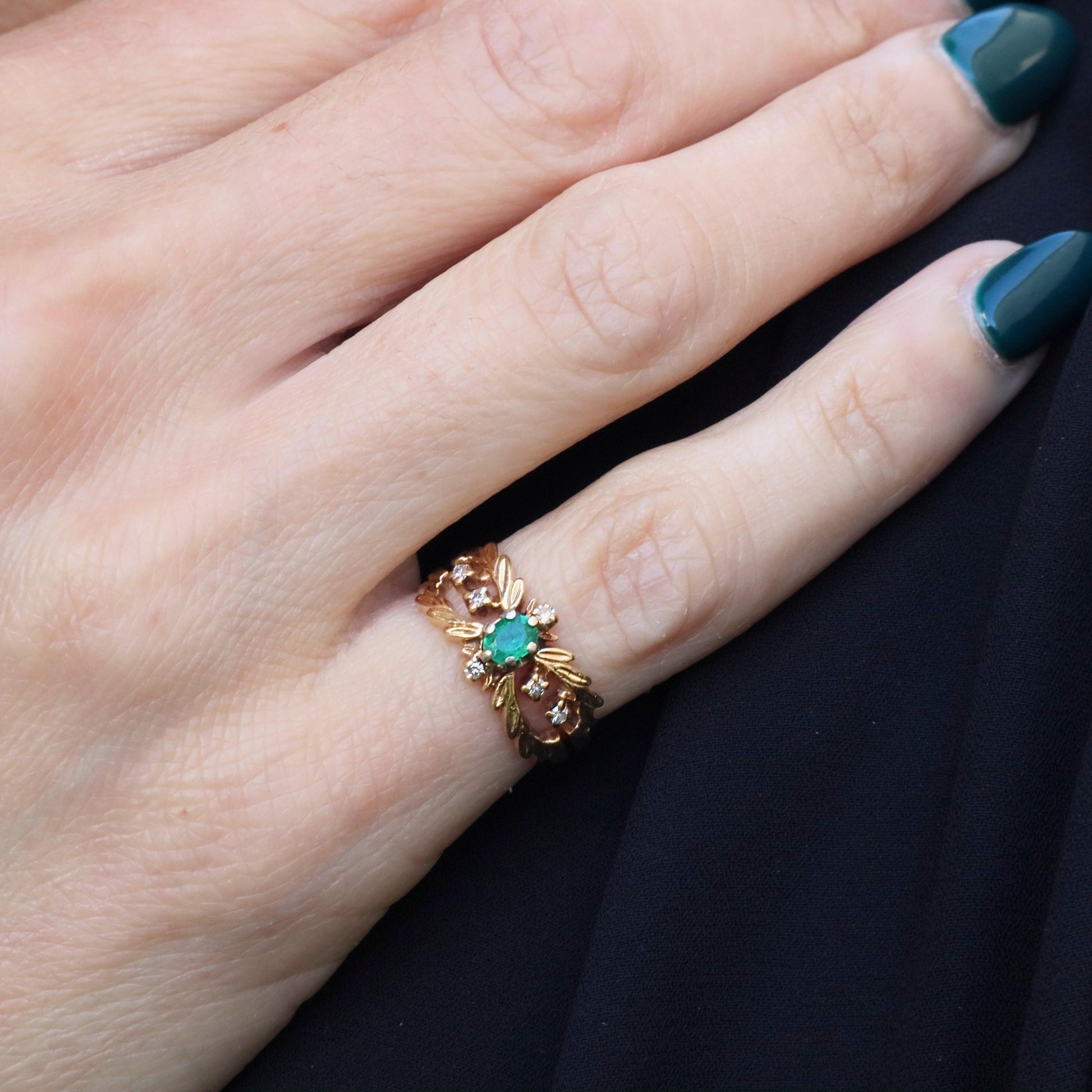 Mid Century Diamond Synthetic Emerald 18k Yellow Gold Ring