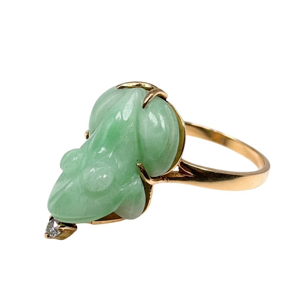 Vintage Jade Diamond 18k Yellow Gold Money Toad Ring