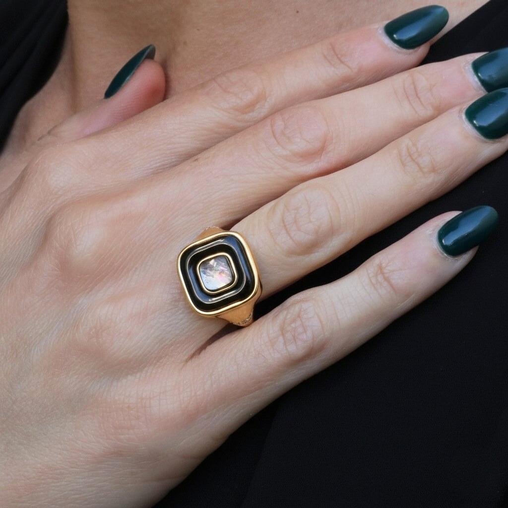 Contemporary Diamond Mother of Pearl Onyx 18k Flip Ring