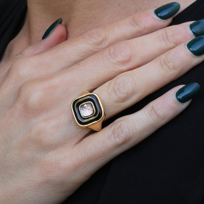 Contemporary Diamond Mother of Pearl Onyx 18k Flip Ring