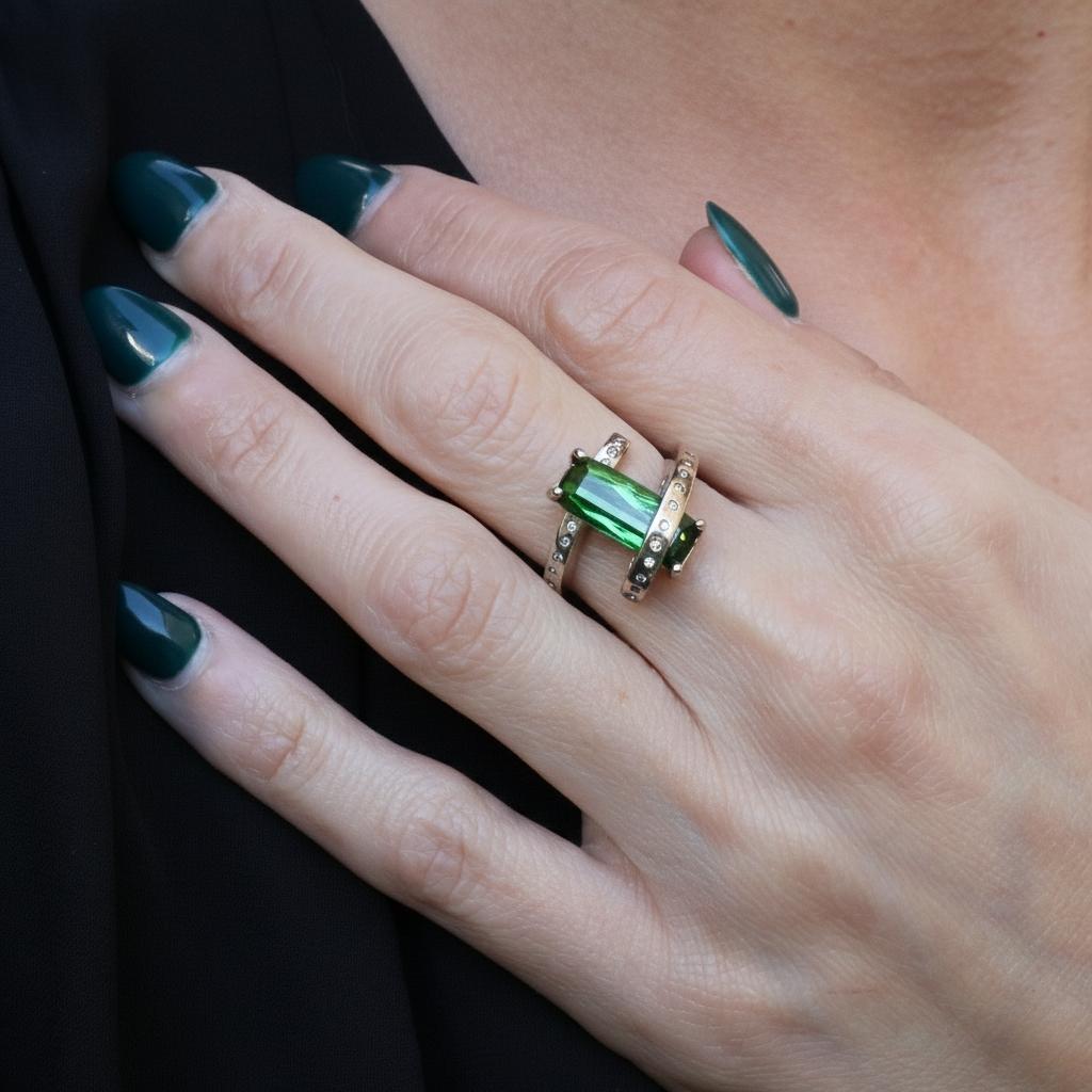 Vintage Tourmaline Diamond 14 White Gold Bypass Ring