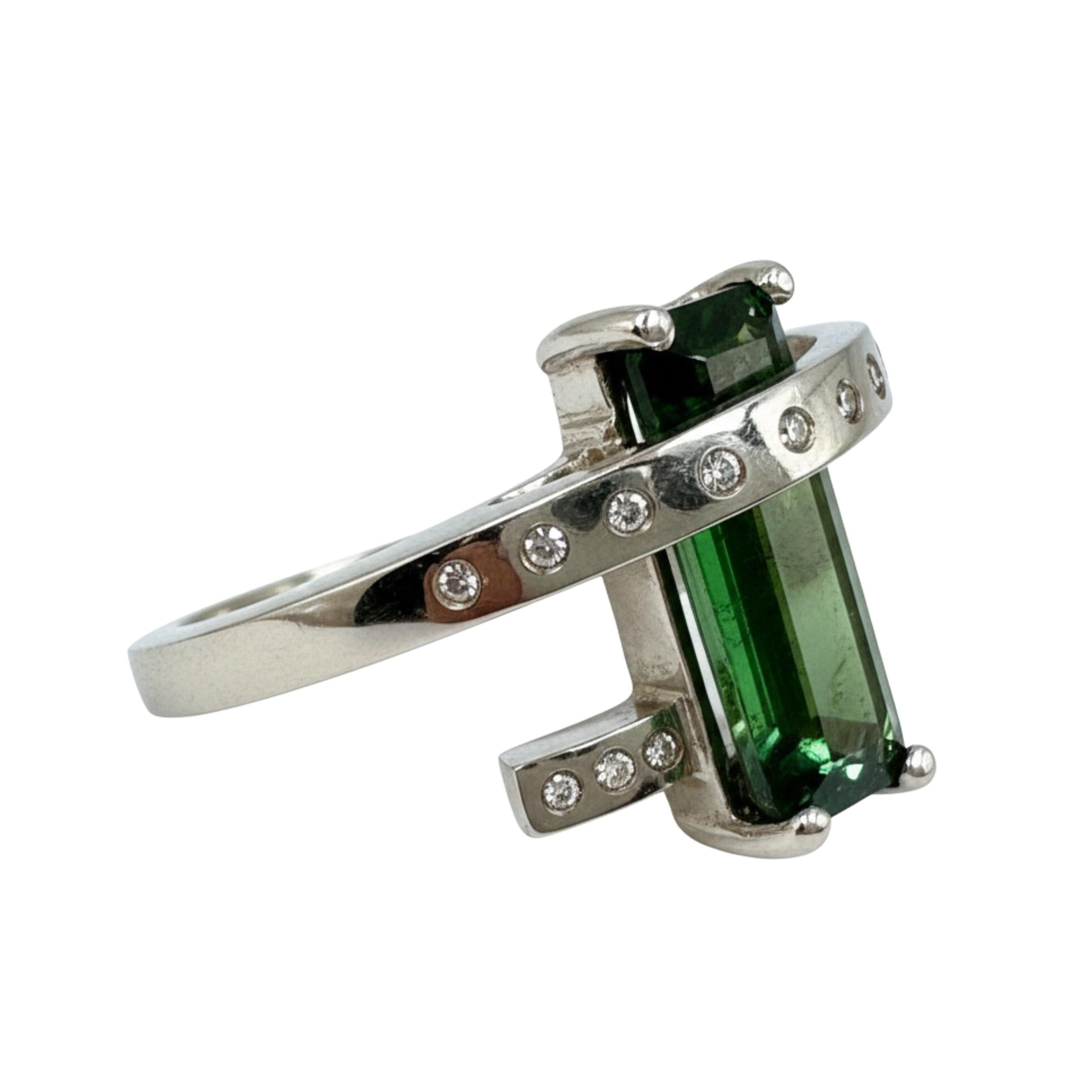 Vintage Tourmaline Diamond 14 White Gold Bypass Ring