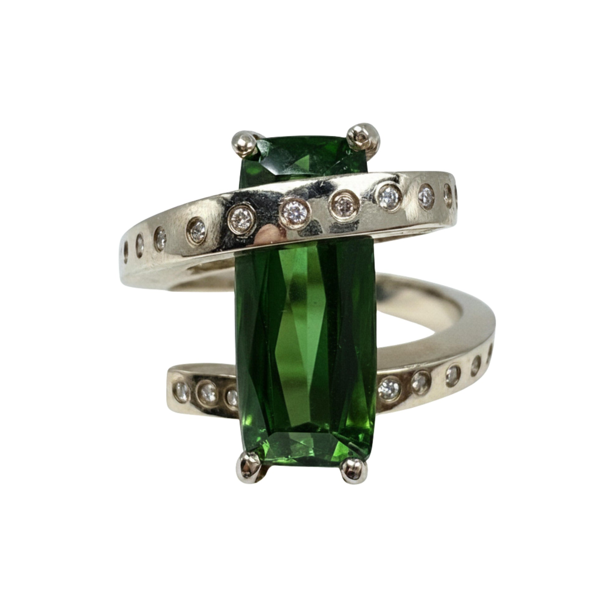 Vintage Tourmaline Diamond 14 White Gold Bypass Ring