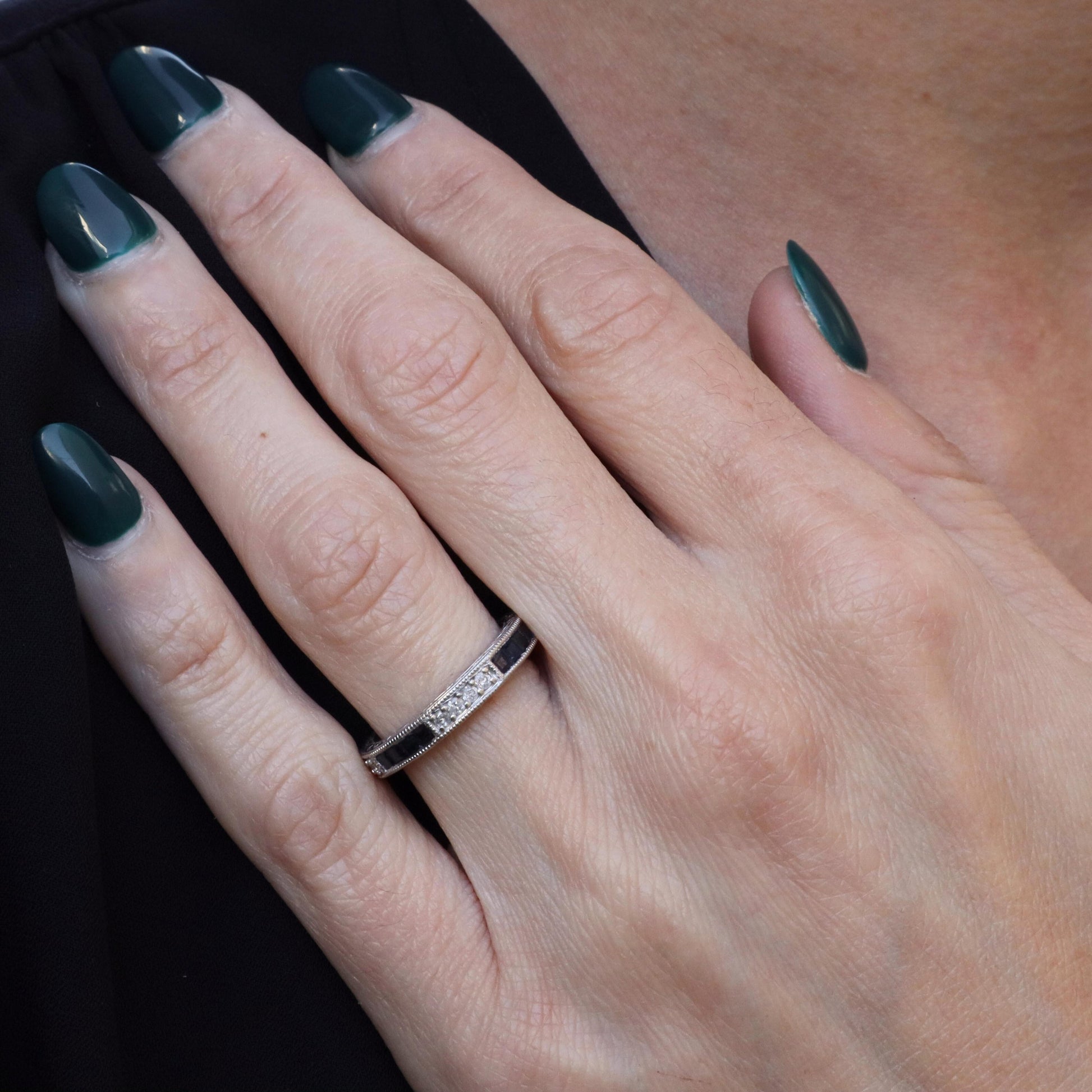 Art Deco Inspired Diamond Sapphire 14k White Gold Half Eternity Band