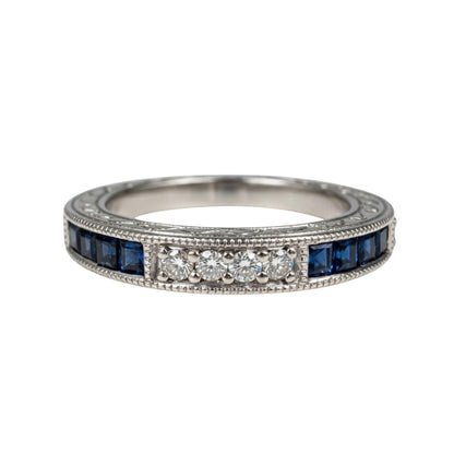 Art Deco Inspired Diamond Sapphire 14k White Gold Half Eternity Band