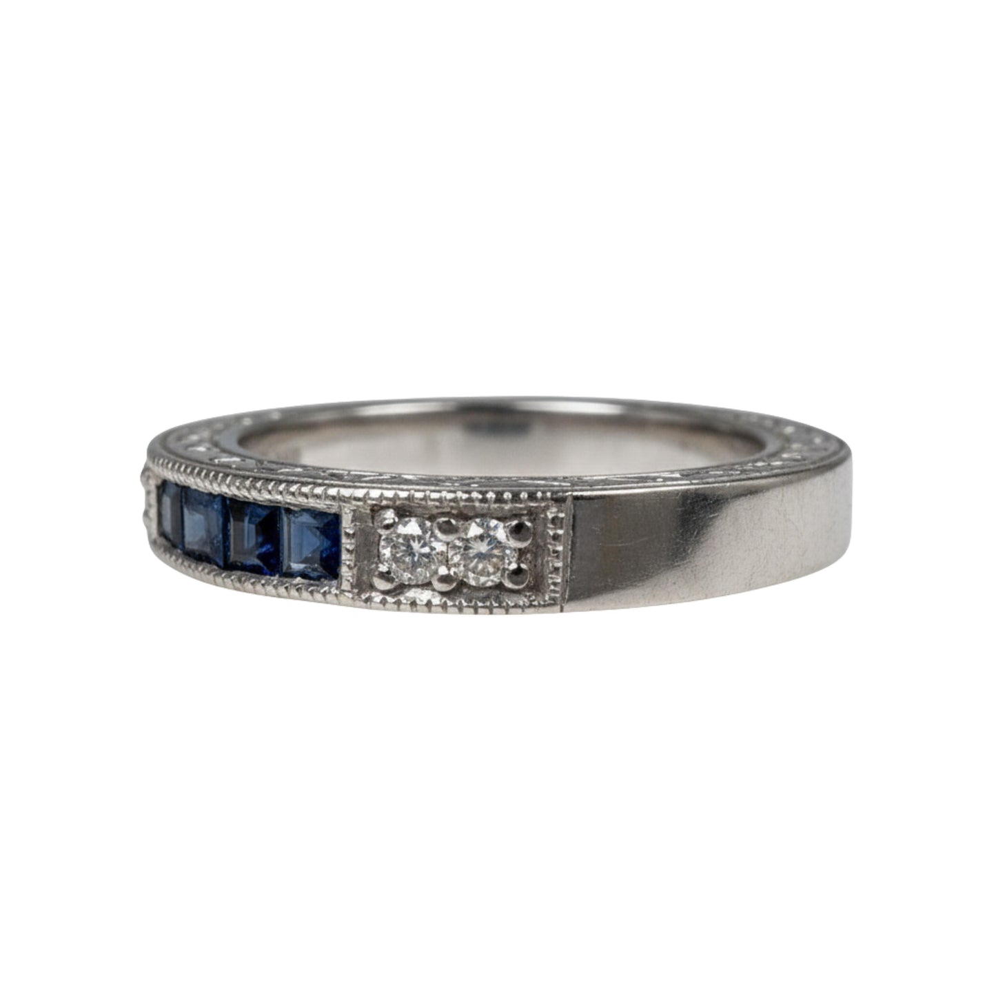 Art Deco Inspired Diamond Sapphire 14k White Gold Half Eternity Band