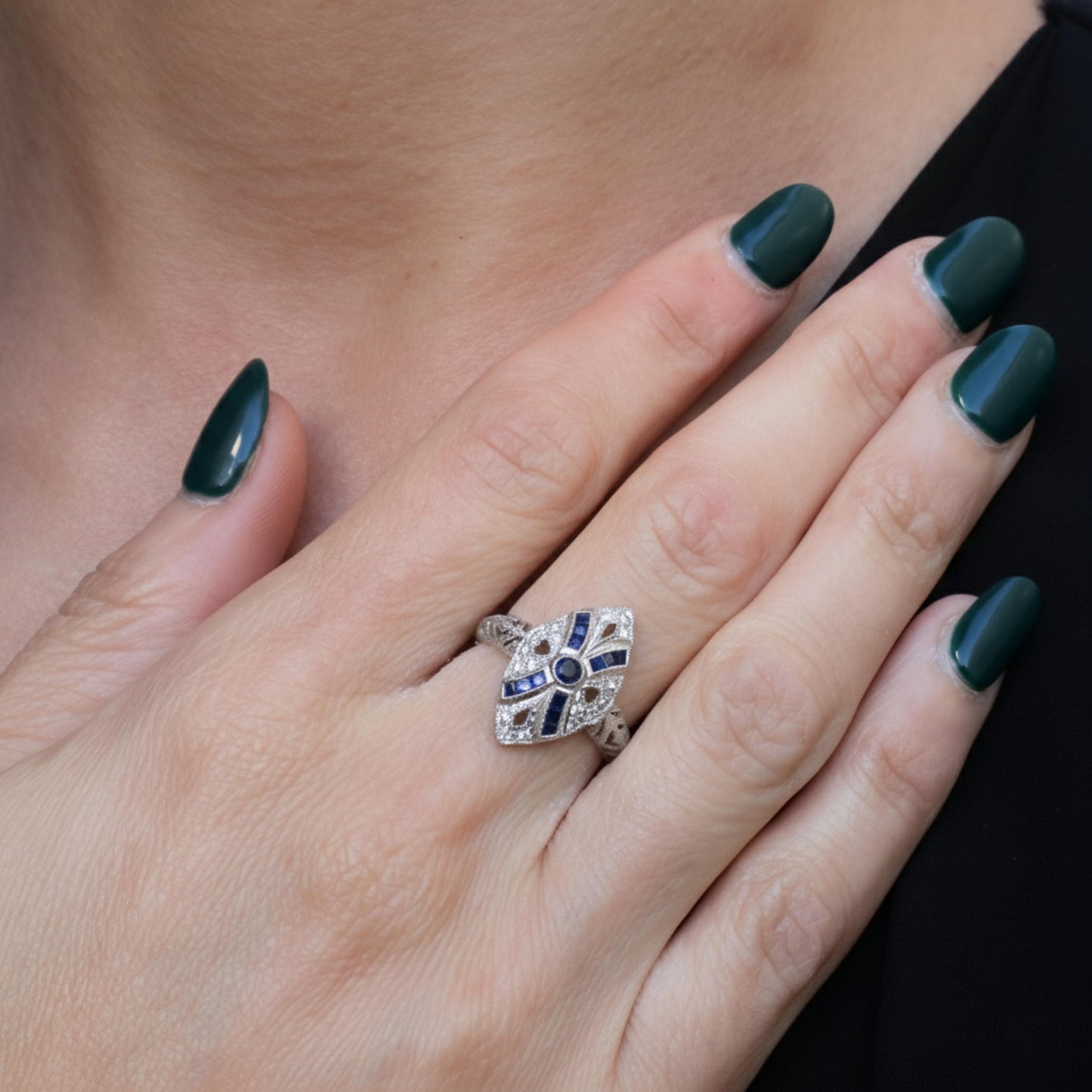 Art Deco Inspired Sapphire Diamond Platinum Navette Ring