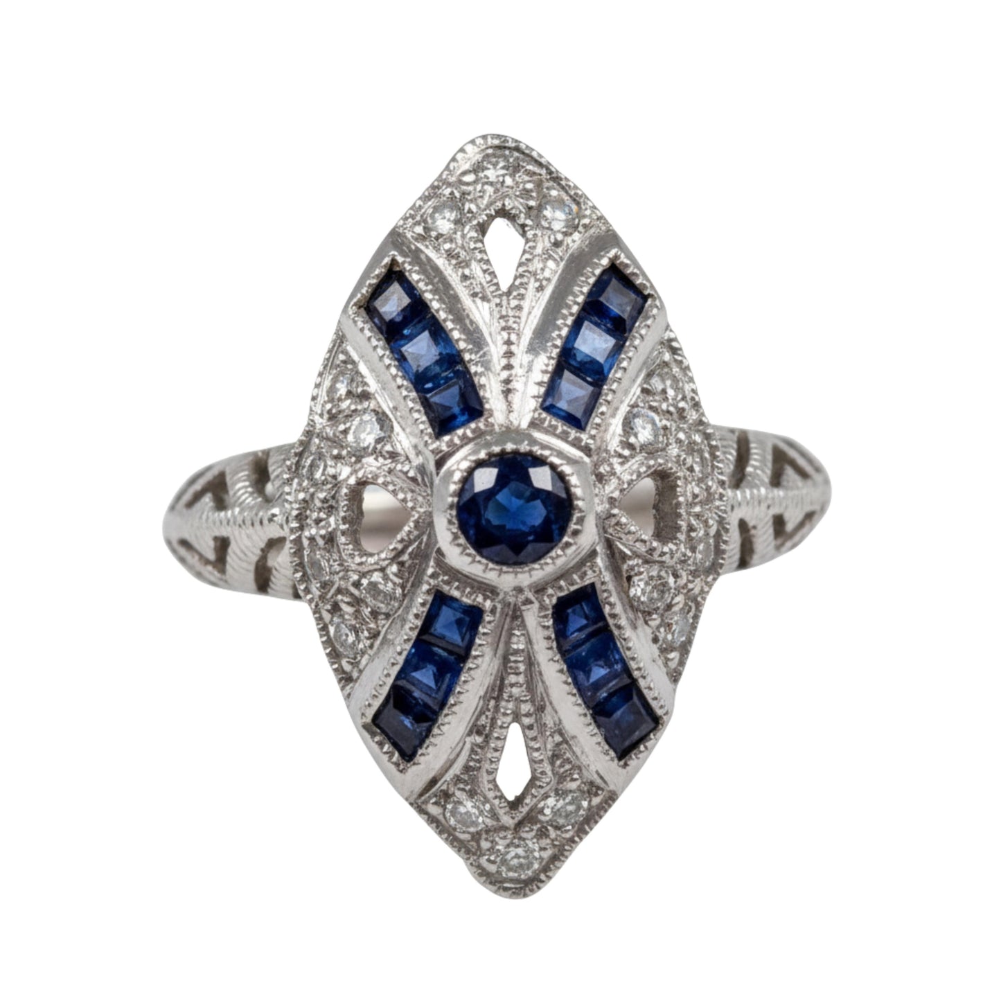 Art Deco Inspired Sapphire Diamond Platinum Navette Ring