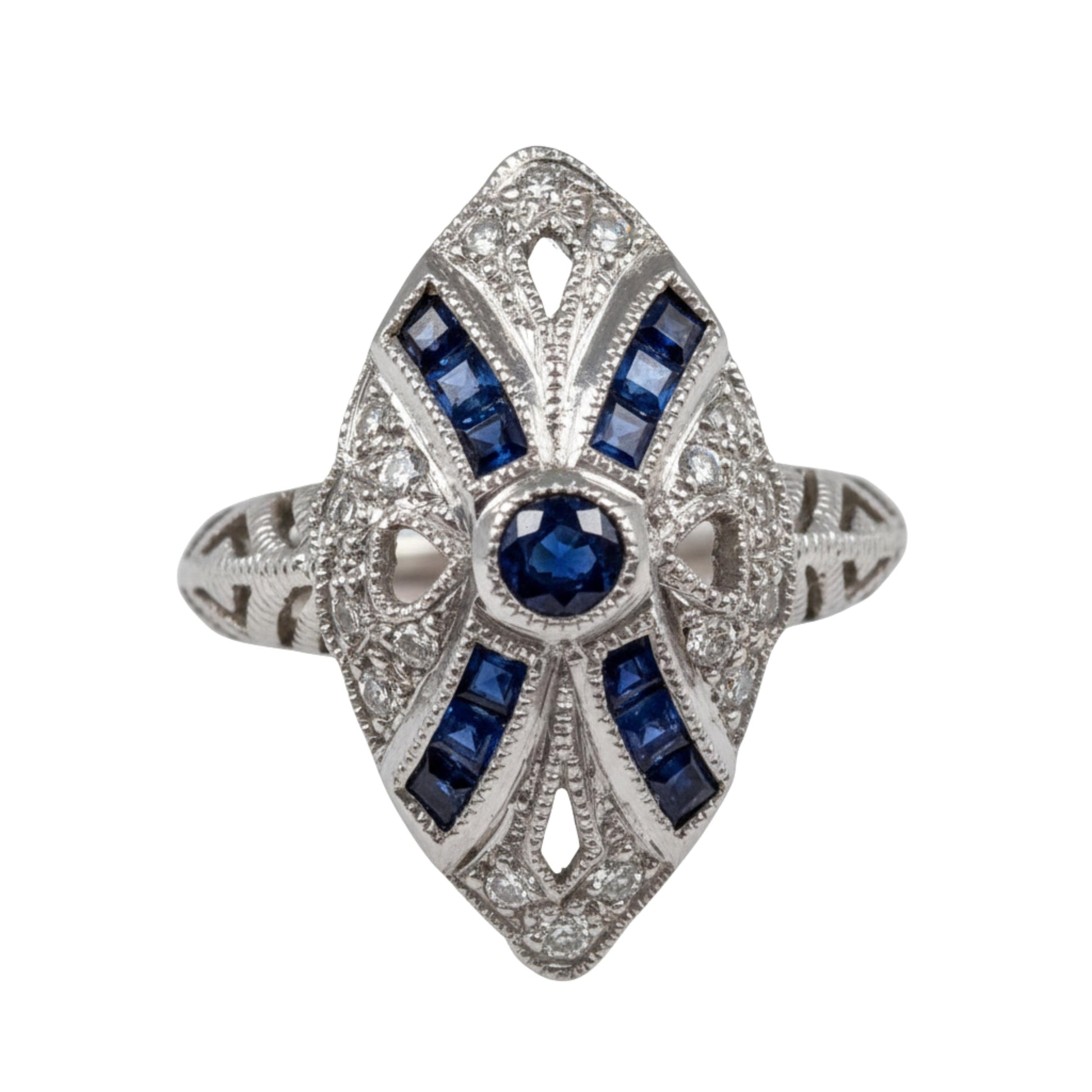 Art Deco Inspired Sapphire Diamond Platinum Navette Ring