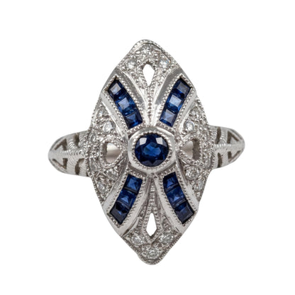 Art Deco Inspired Sapphire Diamond Platinum Navette Ring