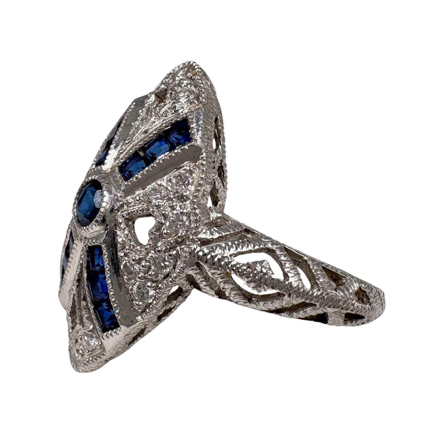 Art Deco Inspired Sapphire Diamond Platinum Navette Ring