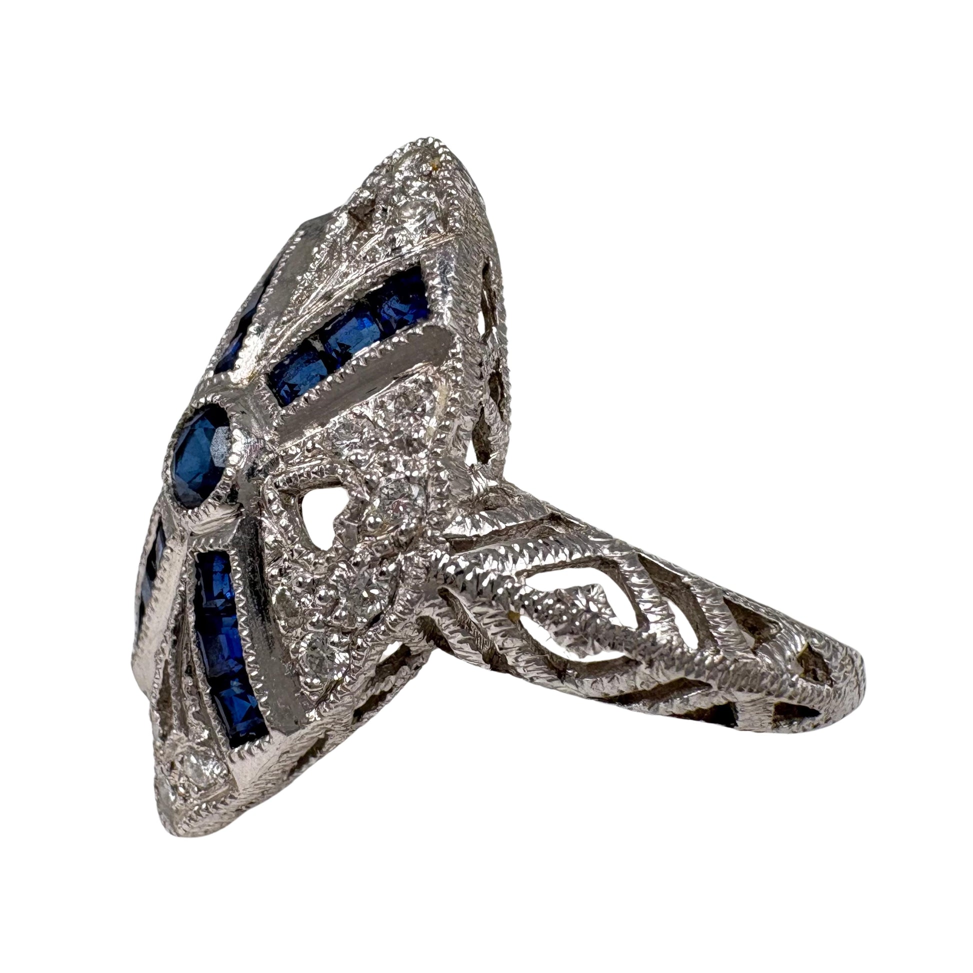 Art Deco Inspired Sapphire Diamond Platinum Navette Ring