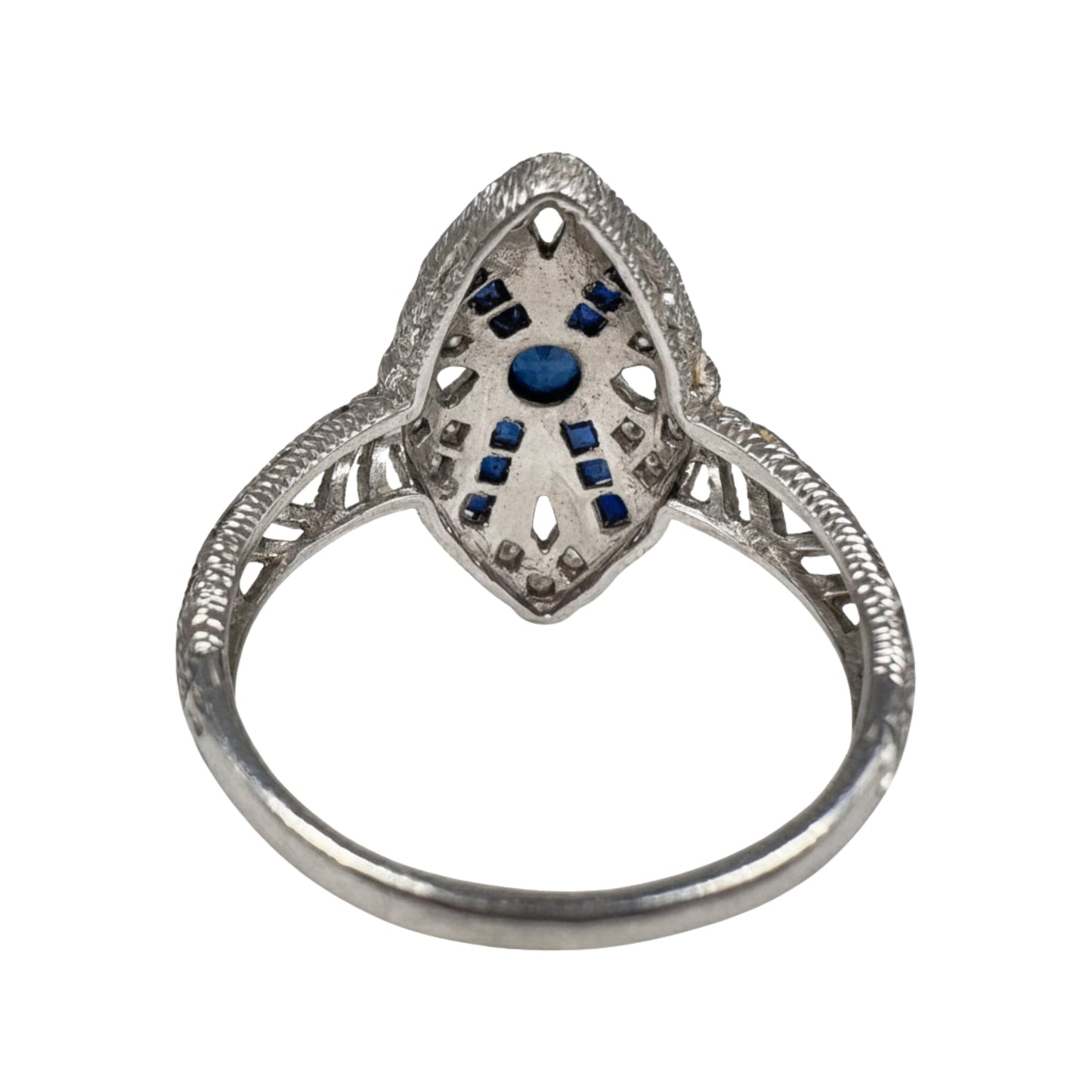 Art Deco Inspired Sapphire Diamond Platinum Navette Ring