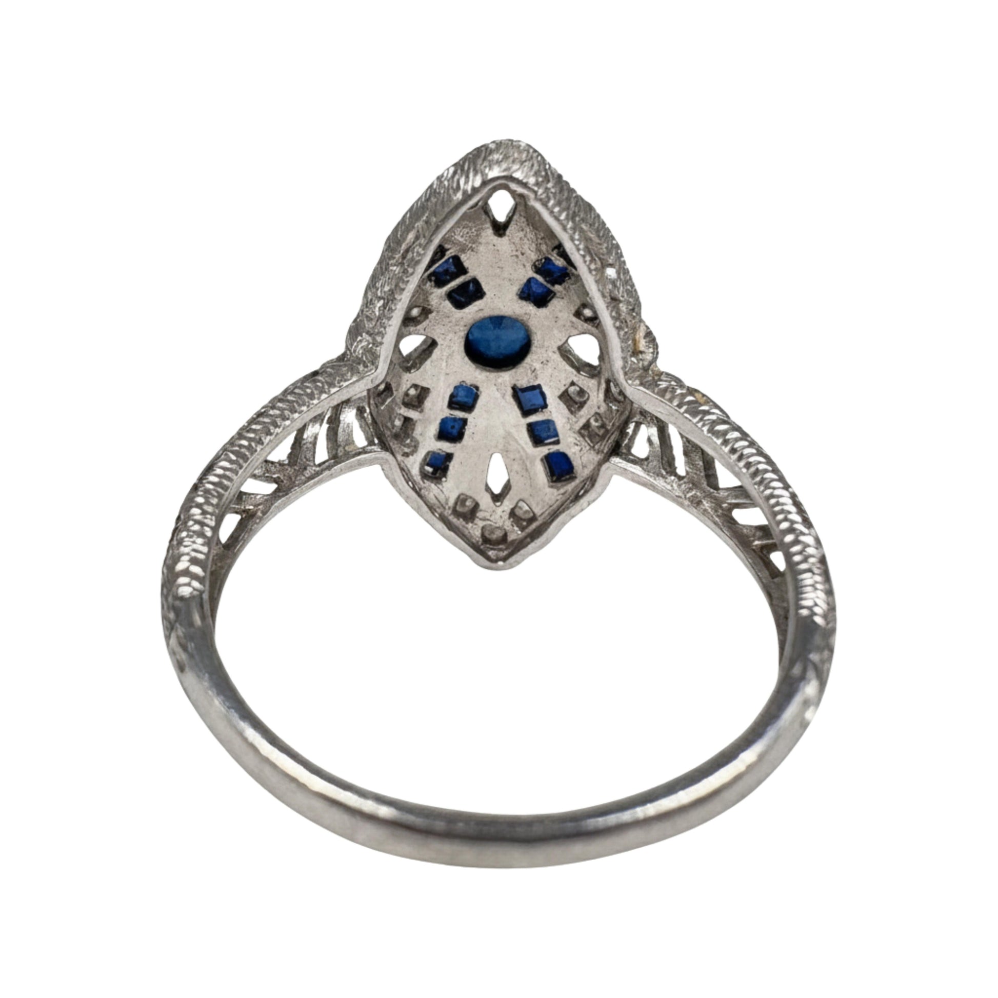 Art Deco Inspired Sapphire Diamond Platinum Navette Ring