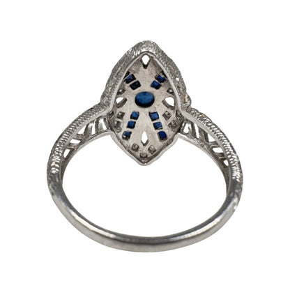 Art Deco Inspired Sapphire Diamond Platinum Navette Ring