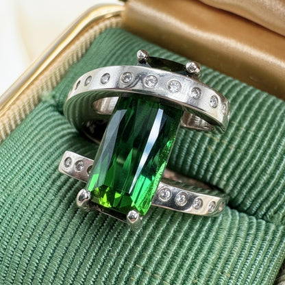 Vintage Tourmaline Diamond 14 White Gold Bypass Ring