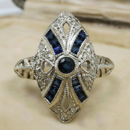 Art Deco Inspired Sapphire Diamond Platinum Navette Ring