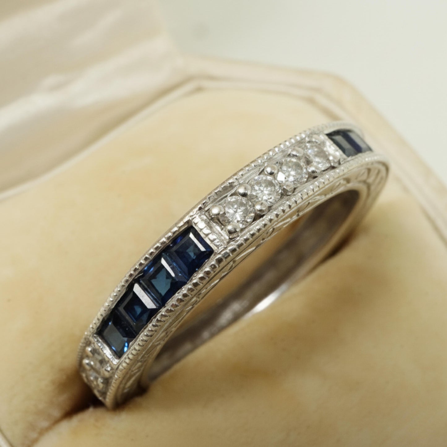 Art Deco Inspired Diamond Sapphire 14k White Gold Half Eternity Band
