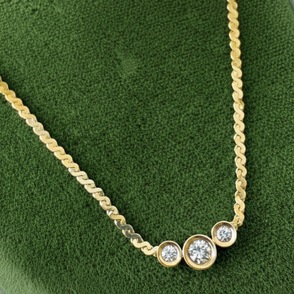 Vintage Diamond 14k Yellow Gold Three Stone Bezel Necklace