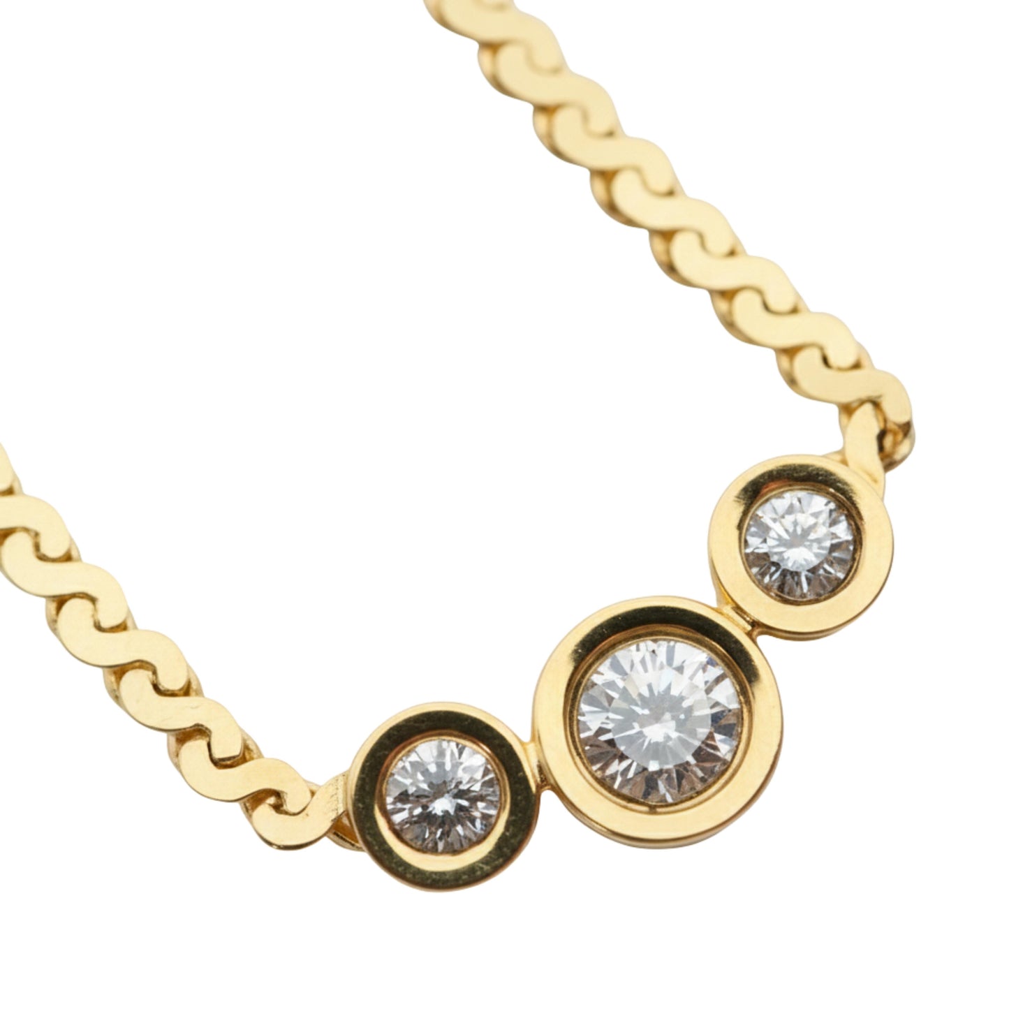 Vintage Diamond 14k Yellow Gold Three Stone Bezel Necklace