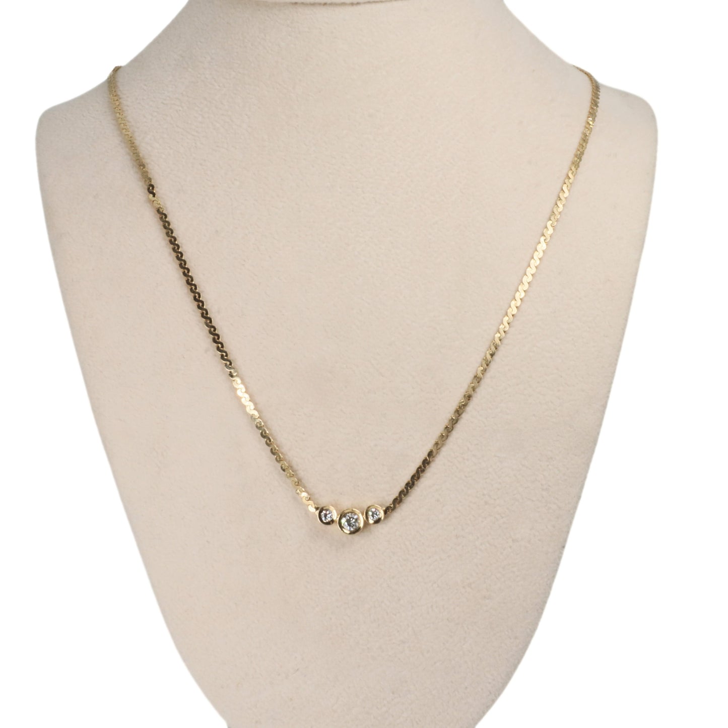 Vintage Diamond 14k Yellow Gold Three Stone Bezel Necklace