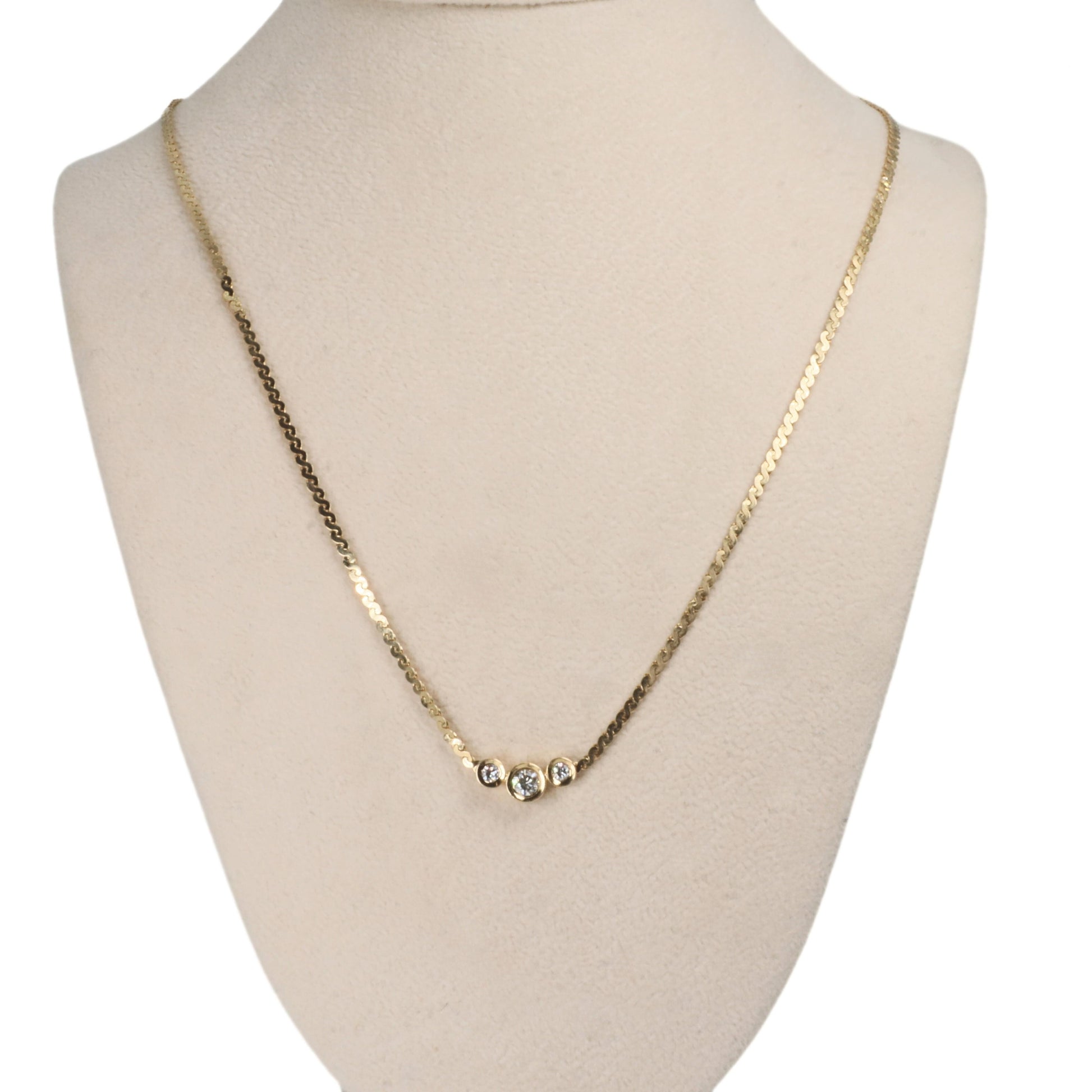 Vintage Diamond 14k Yellow Gold Three Stone Bezel Necklace