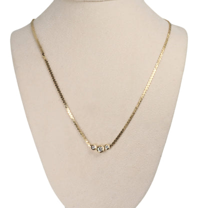 Vintage Diamond 14k Yellow Gold Three Stone Bezel Necklace