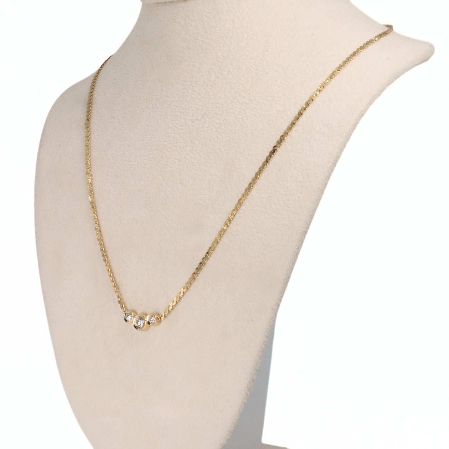 Vintage Diamond 14k Yellow Gold Three Stone Bezel Necklace