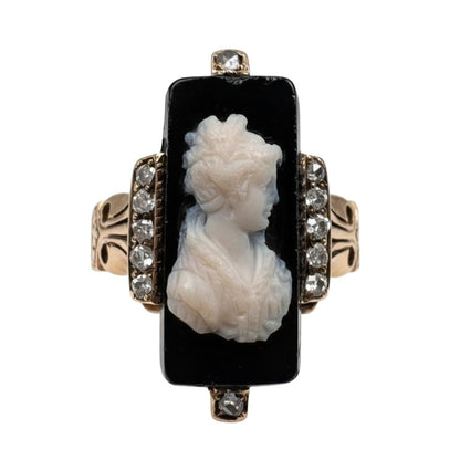 Victorian Onyx Diamond 14k Rose Gold Cameo Ring