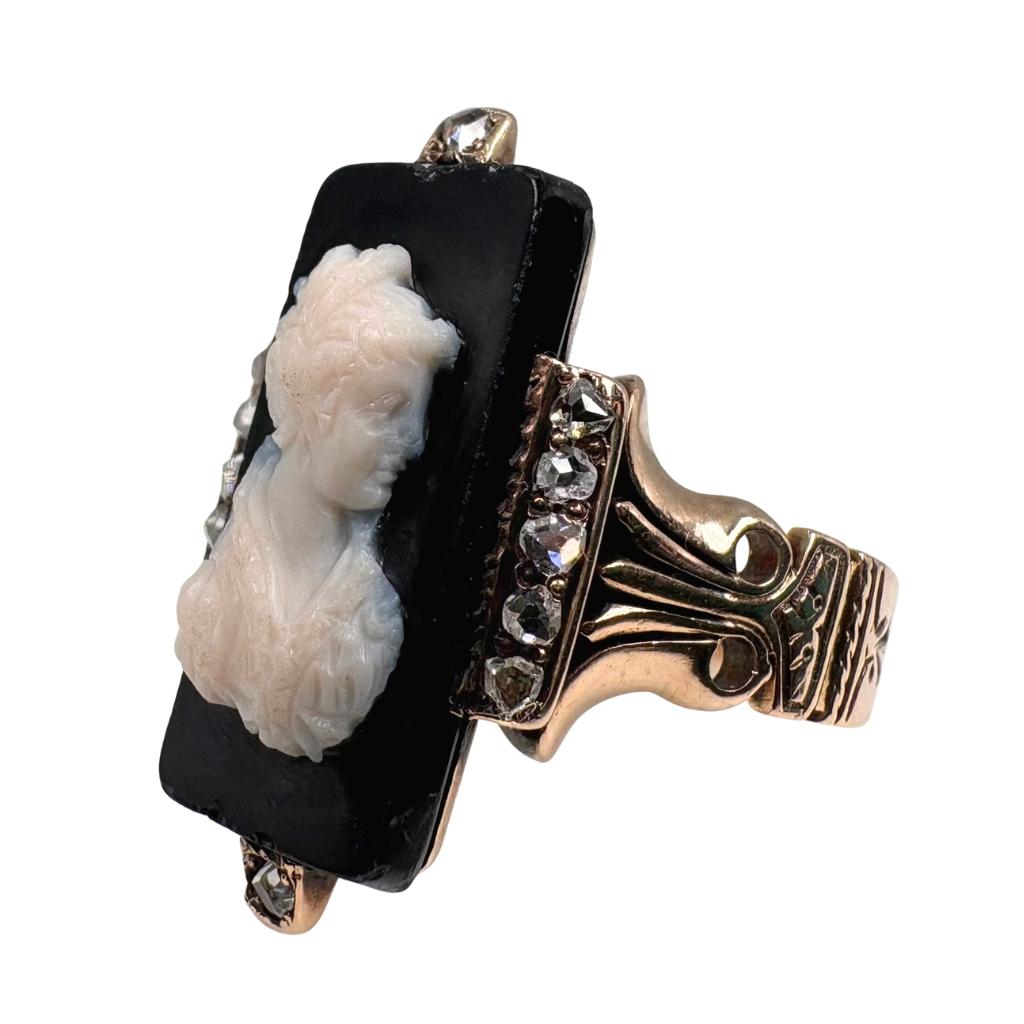 Victorian Onyx Diamond 14k Rose Gold Cameo Ring