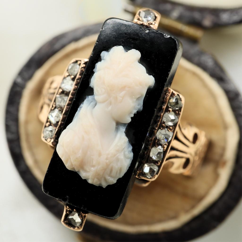 Victorian Onyx Diamond 14k Rose Gold Cameo Ring