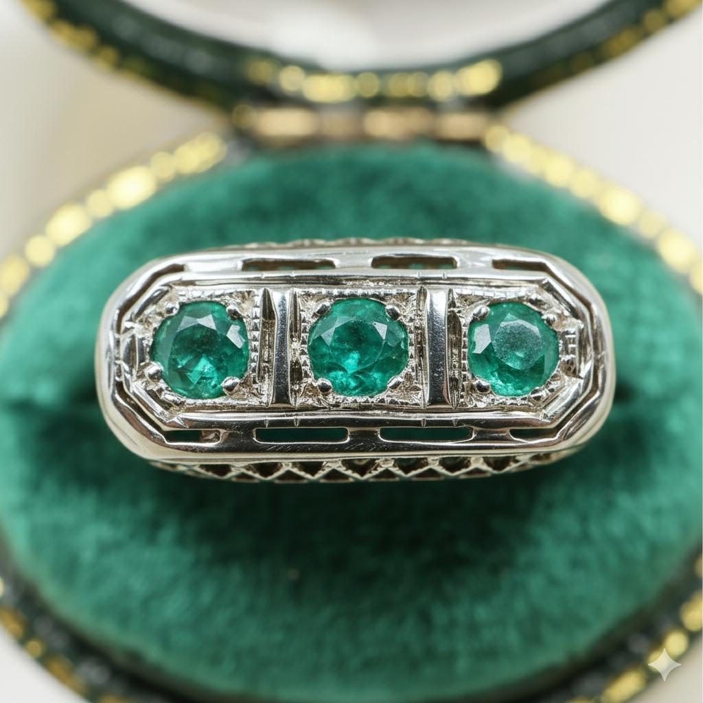 Vintage Emerald 14k White Gold Three Stone Ring