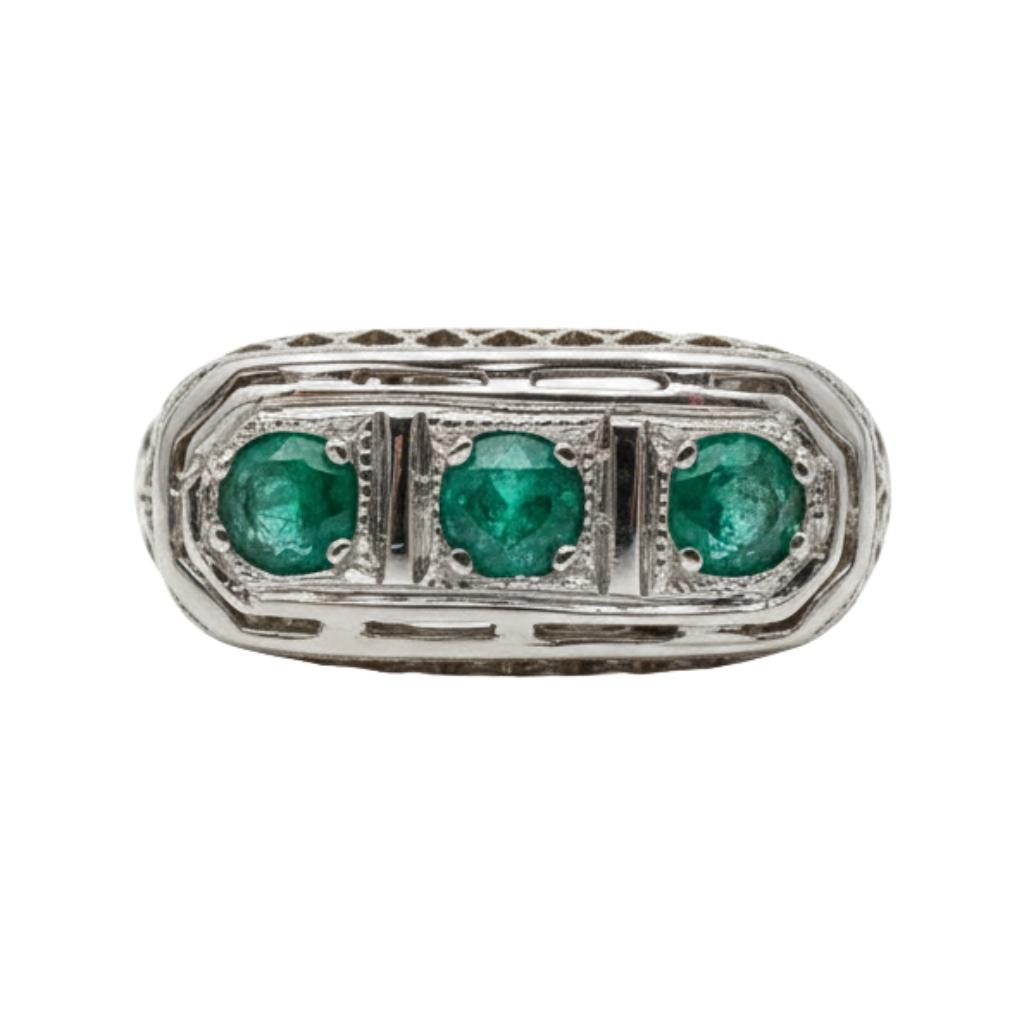 Vintage Emerald 14k White Gold Three Stone Ring