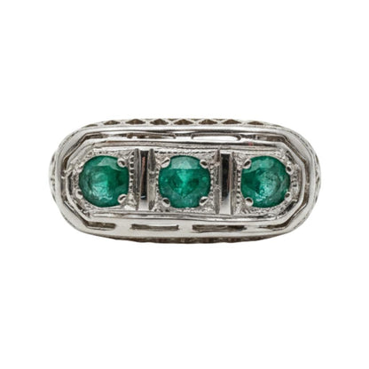 Vintage Emerald 14k White Gold Three Stone Ring