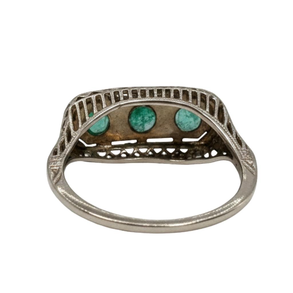 Vintage Emerald 14k White Gold Three Stone Ring