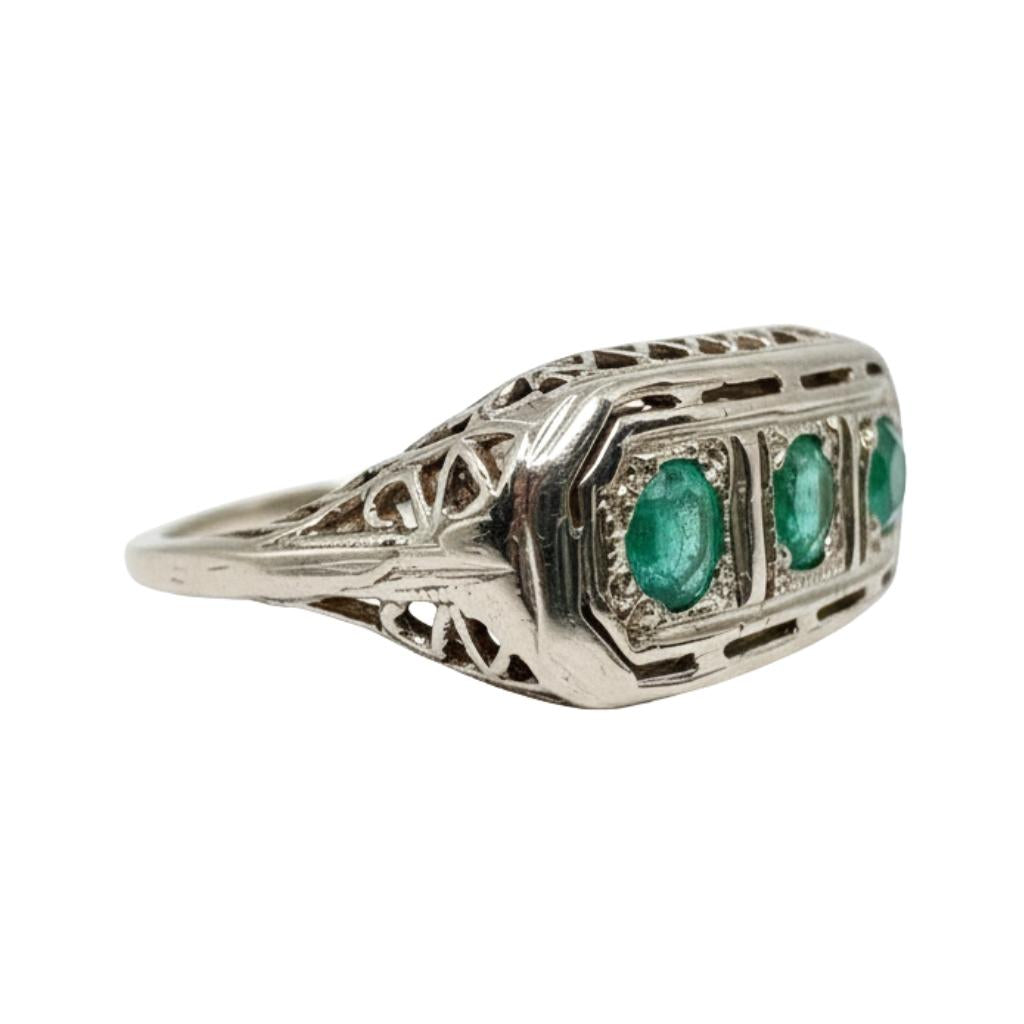 Vintage Emerald 14k White Gold Three Stone Ring