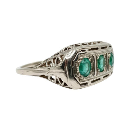 Vintage Emerald 14k White Gold Three Stone Ring
