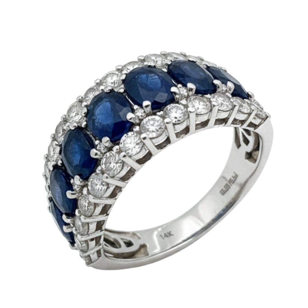 Contemporary Sapphire Diamond 14k White Gold Ring