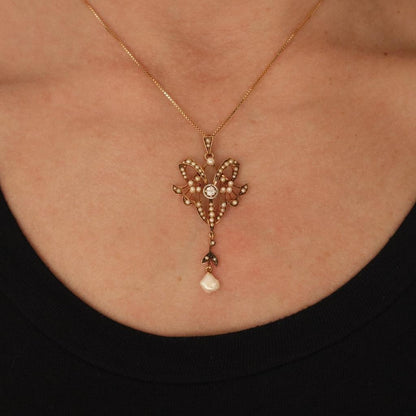 Victorian Diamond Pearl 14k Yellow Gold Lavalier Pendant