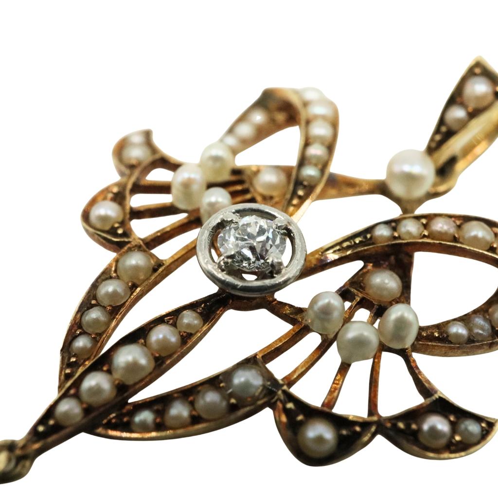 Victorian Diamond Pearl 14k Yellow Gold Lavalier Pendant