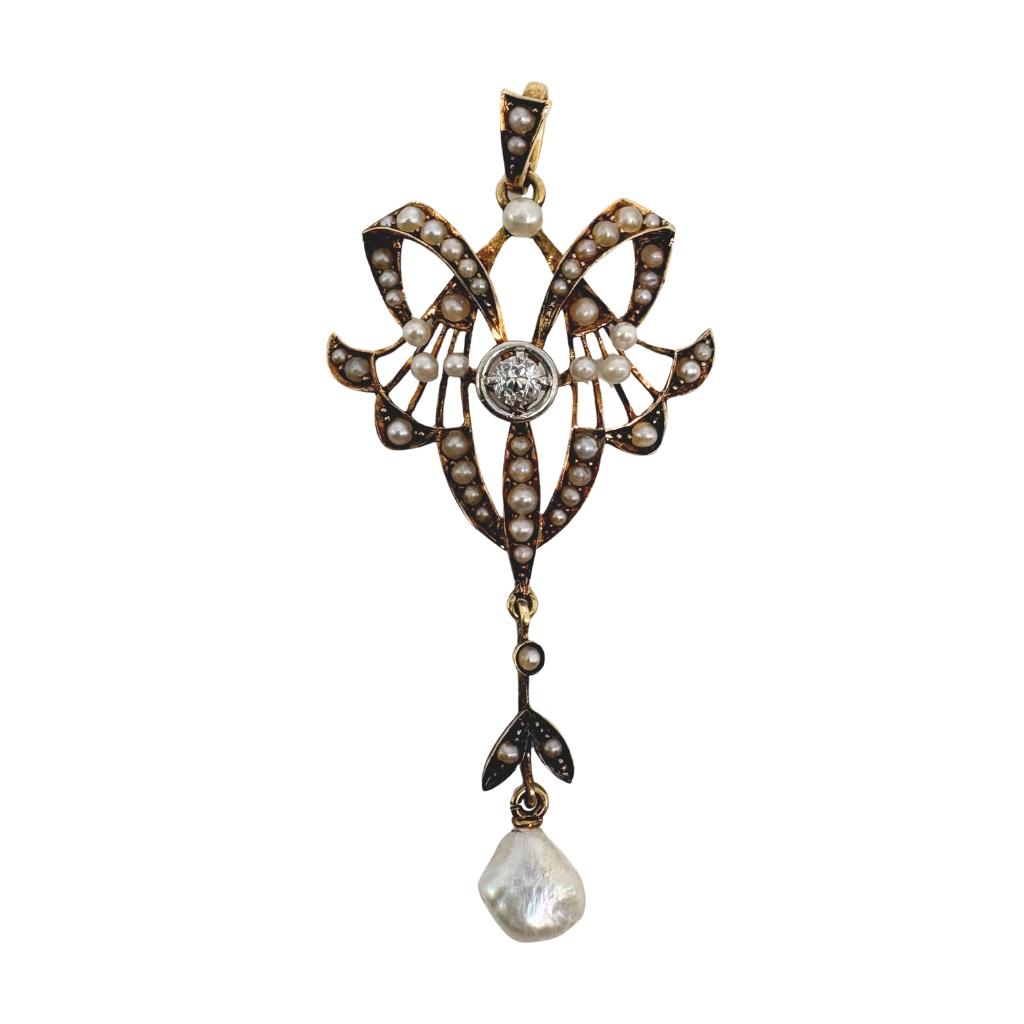 Victorian Diamond Pearl 14k Yellow Gold Lavalier Pendant