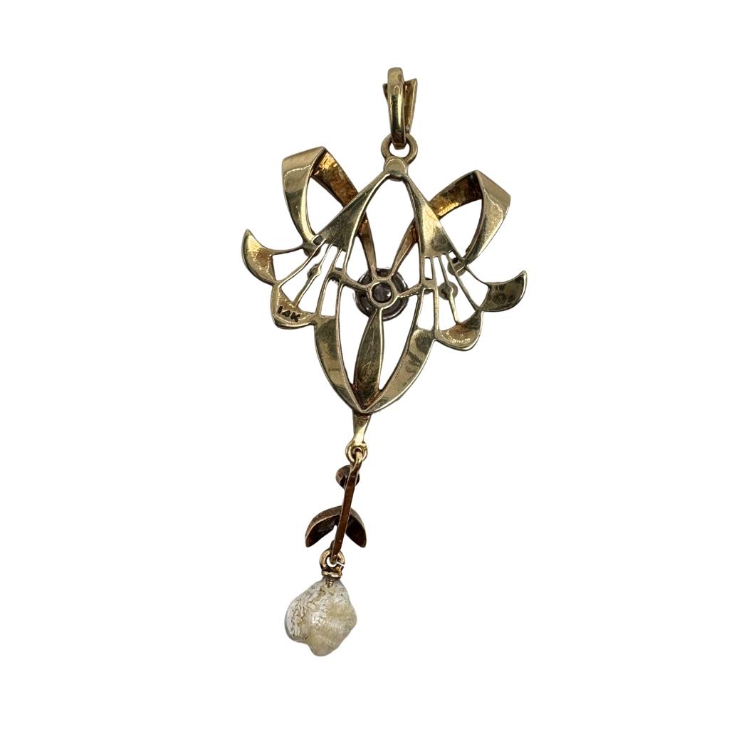 Victorian Diamond Pearl 14k Yellow Gold Lavalier Pendant