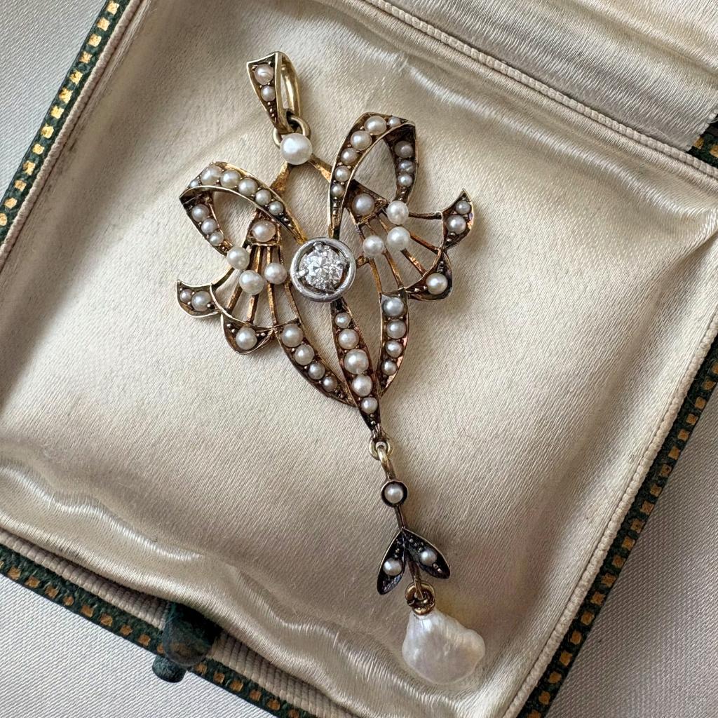Victorian Diamond Pearl 14k Yellow Gold Lavalier Pendant