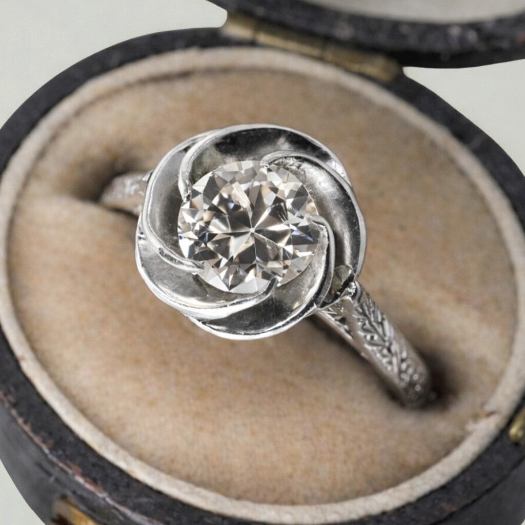 Art Deco Diamond Platinum Rose Engagement Ring