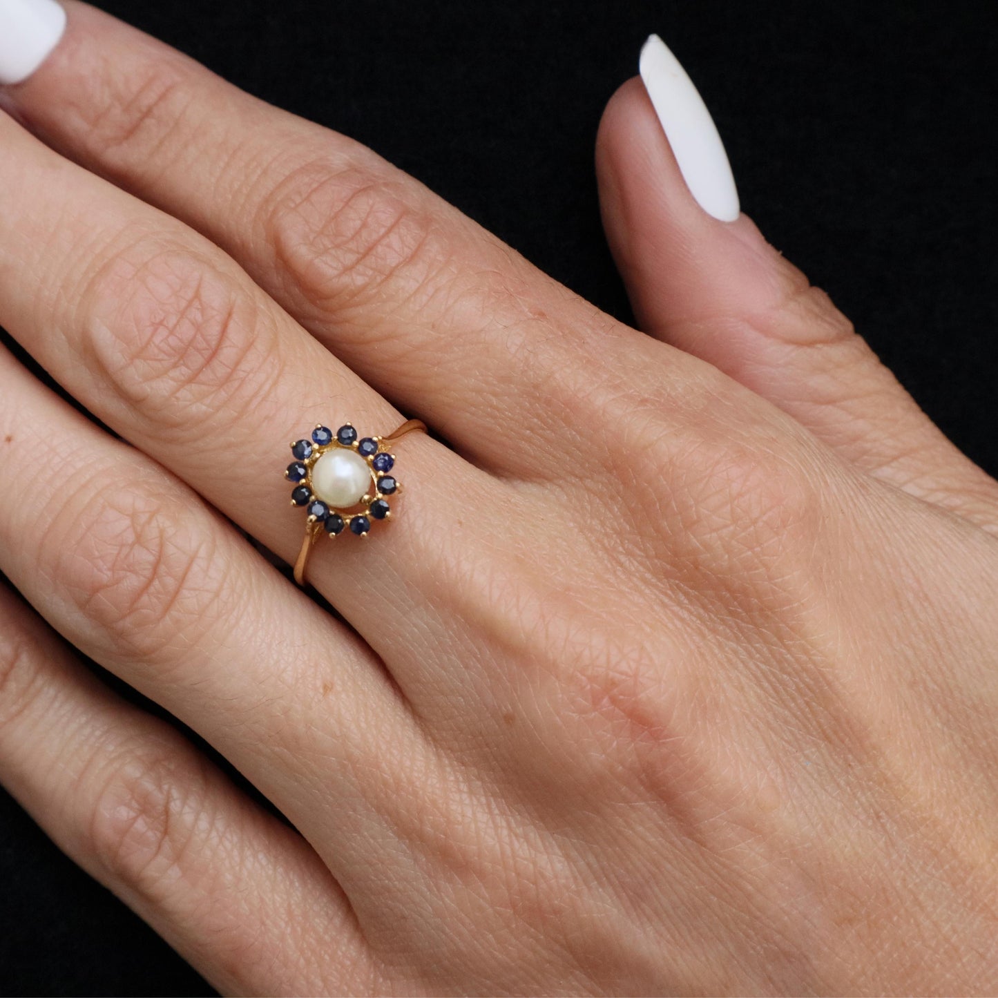 Vintage Spanish Pearl Sapphire 18k Yellow Gold Cluster Ring