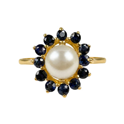 Vintage Spanish Pearl Sapphire 18k Yellow Gold Cluster Ring