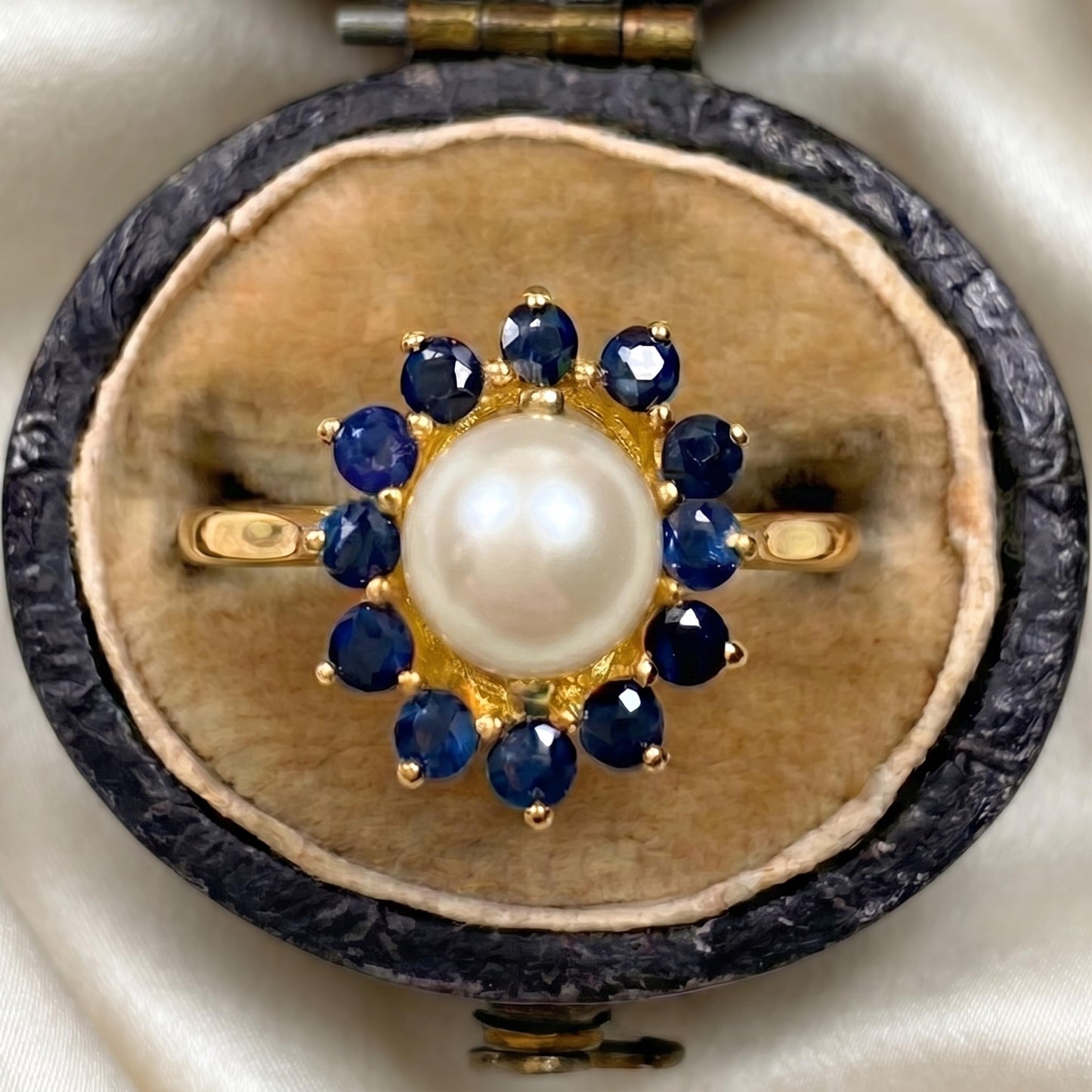 Vintage Spanish Pearl Sapphire 18k Yellow Gold Cluster Ring